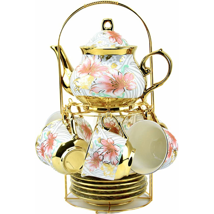 House of Hampton® 20 Pieces Porcelain Tea Set With Metal Holder